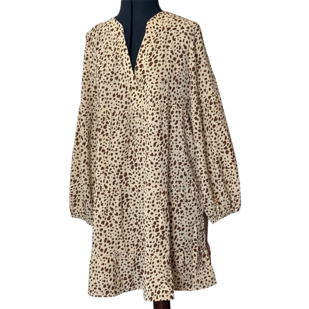 Leopard Print Long Sleeve Tiered Mini Dress By Temofon Size M Lightweight & Flow